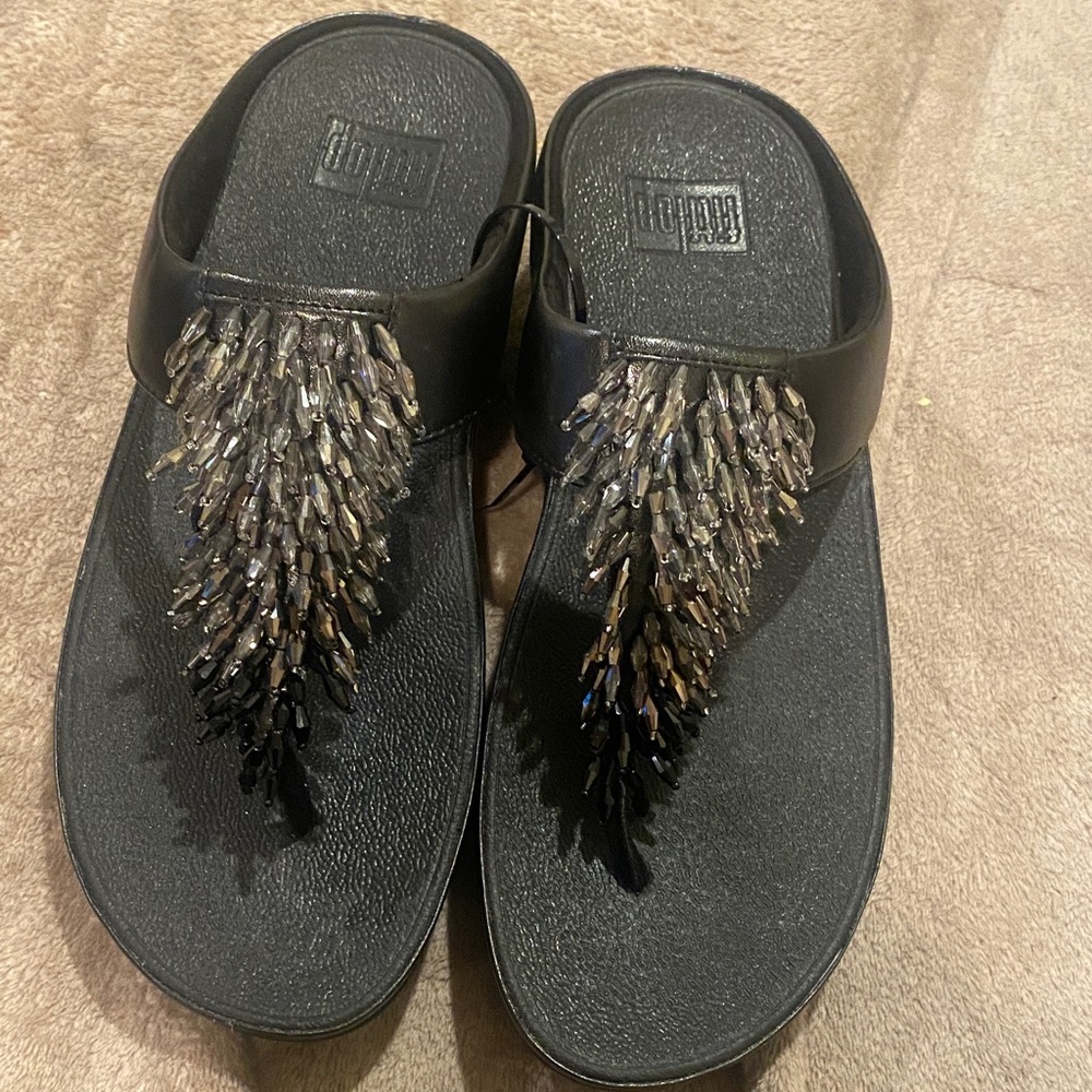 Fitflop Black Sandals with Beaded Fringe